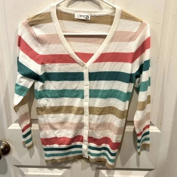 Mak B by Mak pink green tan striped cardigan size Small - Picture 1 of 5